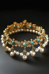 A beautiful, handmade bracelet featuring turquoise and pearl gemstones set in gold-toned elements, with an intricate design.