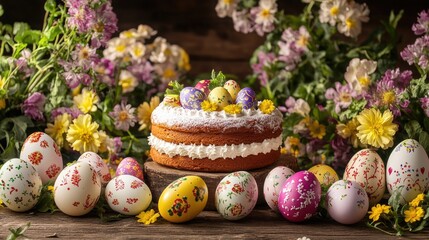 A delightful Easter cake and a collection of colorfully decorated eggs. A vibrant spring celebration with baked goods.