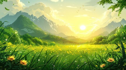 Fototapeta premium A serene landscape featuring mountains, a sunlit meadow, and blooming flowers.