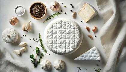 Flat lay of Bri cheese and spices 