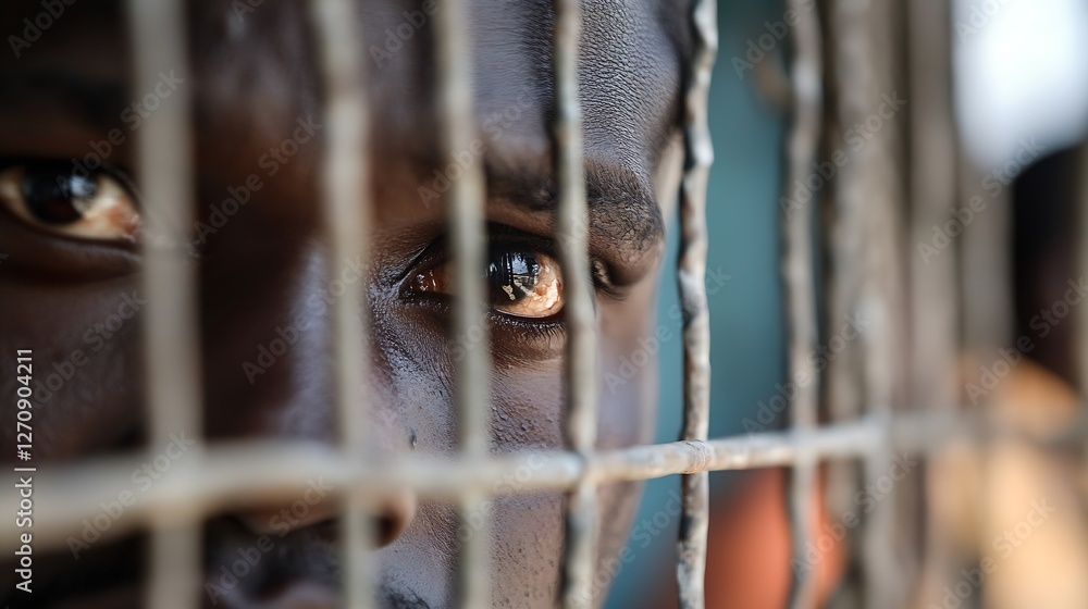 Poster intense gaze of a man peering through a metal fence symbolizing confinement and yearning for freedom