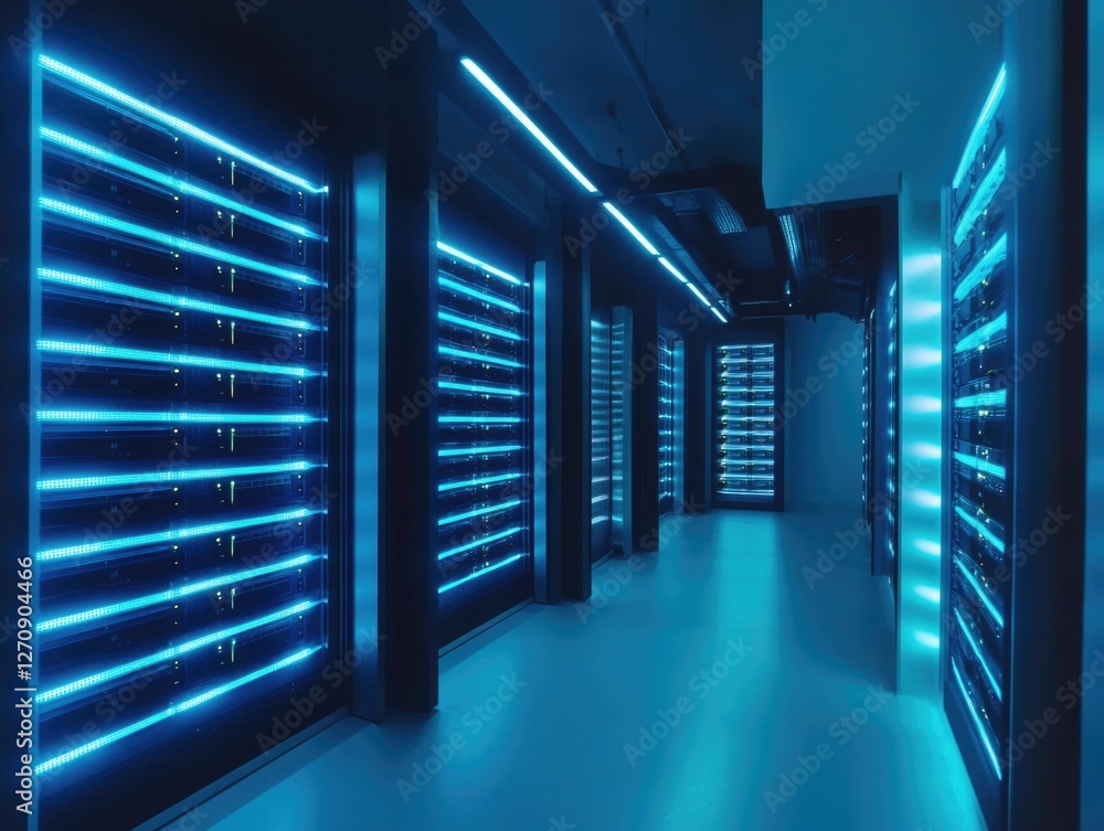 Poster large room with racks and cables for server processing.
