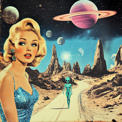 A vintage retro style space poster, woman and alien on a strange planet. 