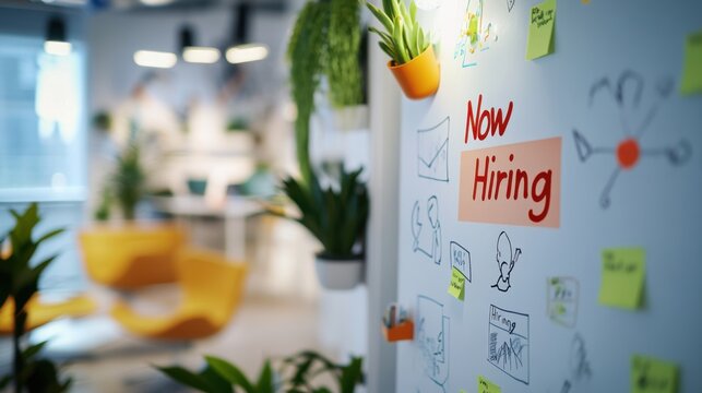 Job listings highlighted on an office whiteboard. Featuring colorful diagrams and bold "Now Hiring" text in marker