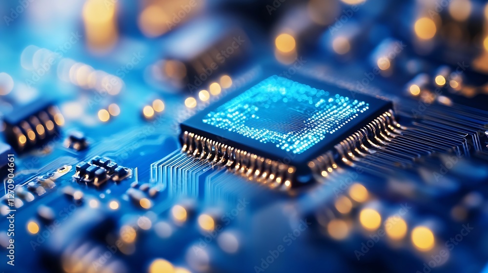 Fototapete Detailed microchip on a circuit board glowing with blue light representing advanced technology : Generative AI