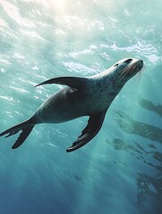 Obraz premium Graceful seal swimming in crystal clear waters underwater photography marine environment