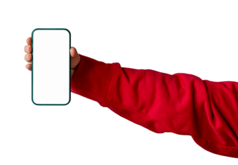 Cutout of a green smartphone with a blank screen in a woman's hand wearing a red sleeve