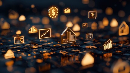 financial success profit mindset concept. Digital icons representing finance and real estate on a dark background.