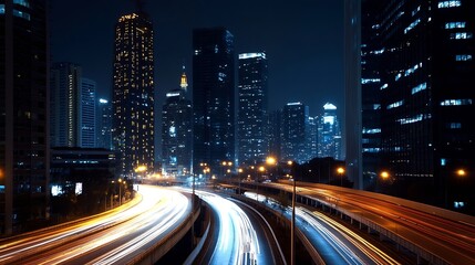 Obraz premium Vibrant Cityscape at Night with Light Trails Showcasing the Urban Energy of Modern Architecture : Generative AI