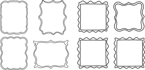 Set of rectangle frames with wavy edges. Rectangular shapes with wiggly borders. Picture or photo frames, empty text boxes, tags, labels isolated on white