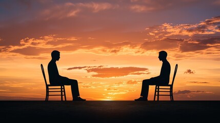 Obraz premium Silhouettes of Two People in Chairs Against a Vibrant Sunset Symbolizing Social Welfare and Mental Health Discussions