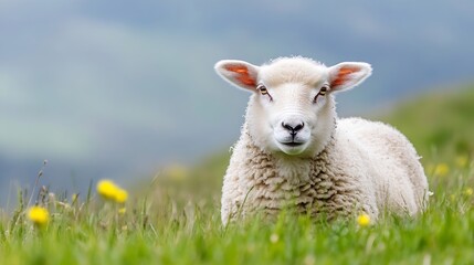 Fototapeta premium Adorable lamb resting peacefully in a field with blooming flowers on a sunny day : Generative AI