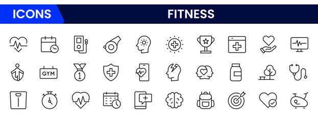 Fitness, gym, training line icons in, fitness line icons vector illustrator set