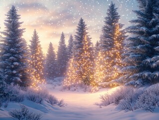 A serene winter scene with snow-covered evergreen trees adorned with glowing Christmas lights, giving off a warm and festive glow.