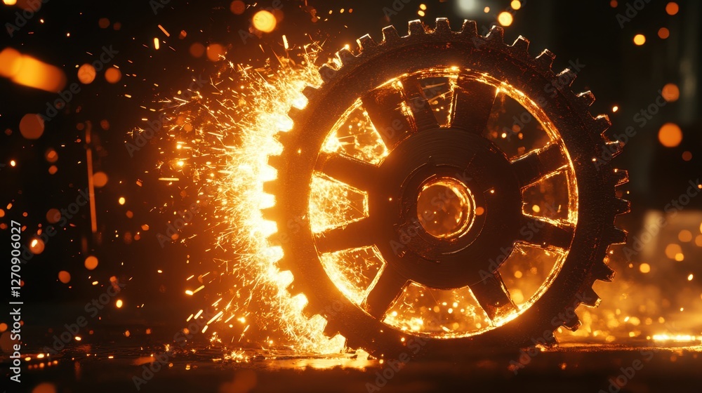 Aufkleber a cnc laser machine creating a detailed gear shape with sparks flying in the background.