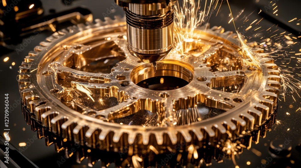 Poster a cnc laser machine creating a detailed gear shape with sparks flying in the background.
