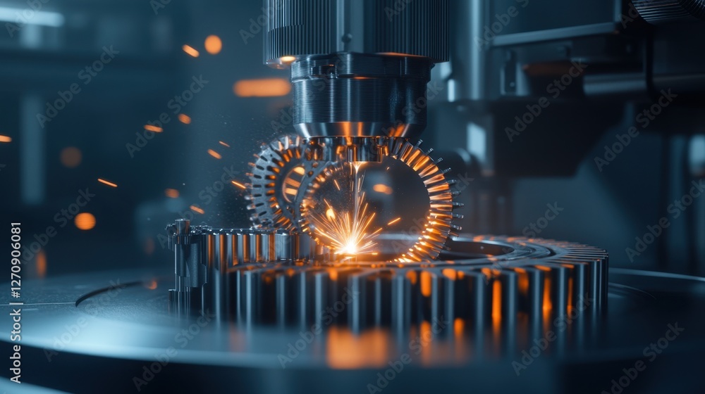 Poster a cnc laser machine creating a detailed gear shape with sparks flying in the background.