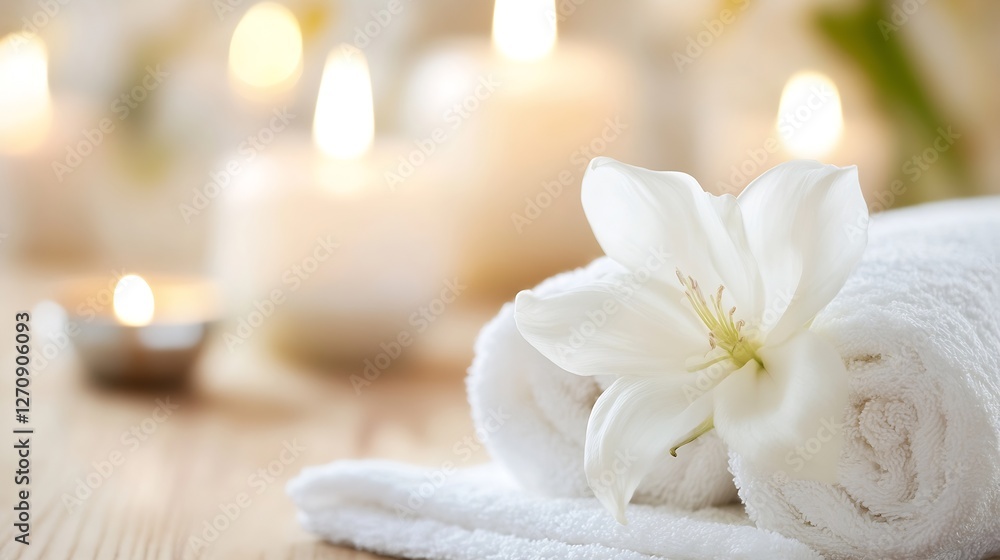 Aufkleber Beautiful white lily on soft towels surrounded by flickering candles enhancing a luxurious spa experience : Generative AI