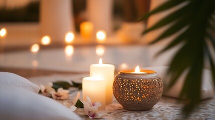 Obraz premium Tranquil candlelight scene with decorative holder and soft glow creating a relaxing atmosphere for mindfulness : Generative AI