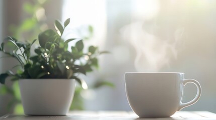 Steaming cup of tea or coffee beside a lush green plant in a sunlit serene morning setting : Generative AI