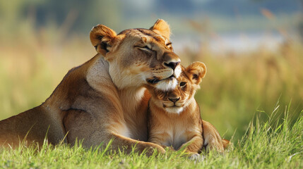 Obraz premium Bonding moments between a lioness and her cub in a serene natural setting during the golden hour