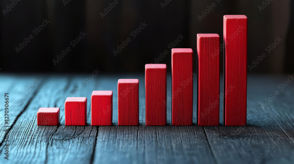 Poster red bar graph representing data growth on wooden surface, symbolizing progress and success