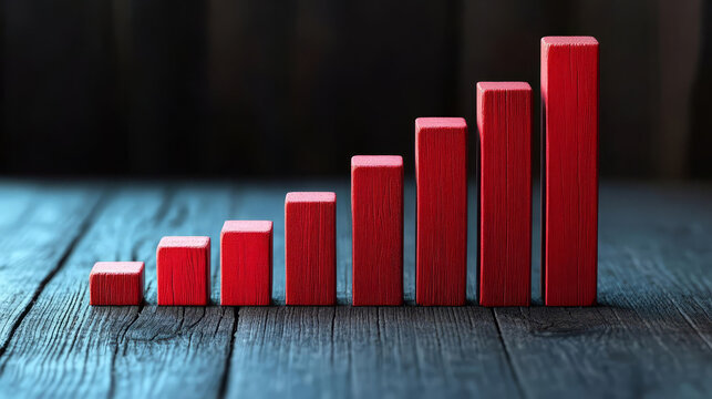 Red bar graph representing data growth on wooden surface, symbolizing progress and success