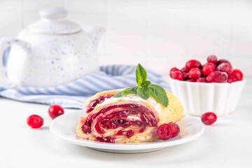 Cranberry strudel, winter roll dessert with cranberry jam