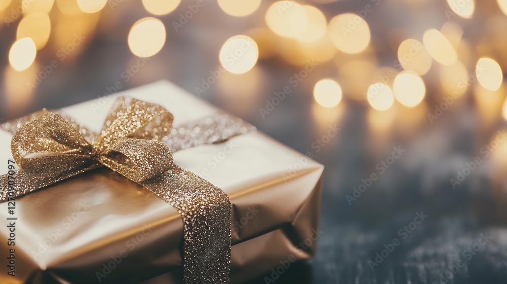 Poster beautifully wrapped gift box with a shiny ribbon and soft bokeh lights in the background : generativ