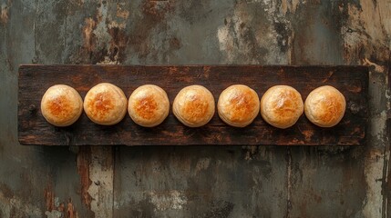 A wooden board displaying seven golden-brown baked pastries.