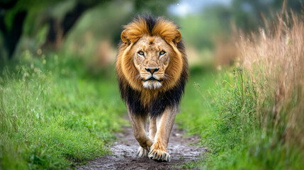 Fototapeta premium Majestic lion walking confidently along a green path under a clear sky in the afternoon
