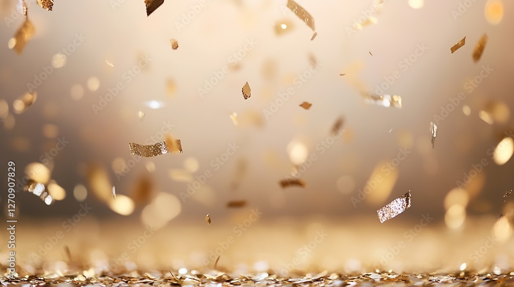 Poster golden confetti falling gracefully from above creating a magical celebration atmosphere : generative