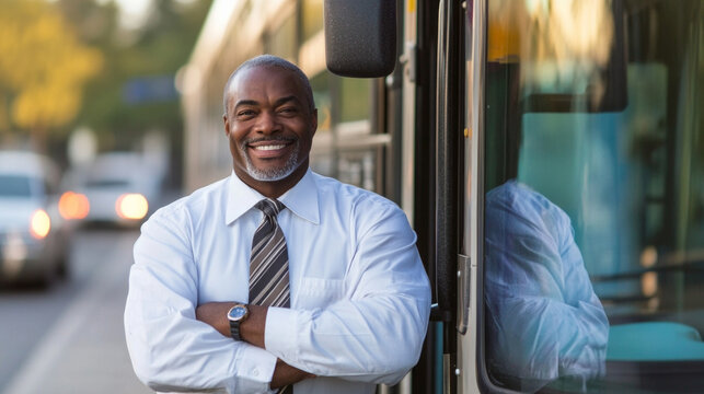Bus driver proudly poses in front of their bus in a sunny urban setting during the afternoon shift
