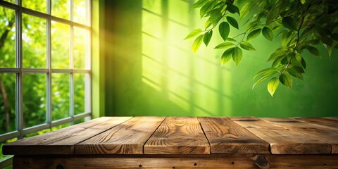 Sunlit Green Wall, Wooden Table, Leaf Shadows - Conceptual Photography Background