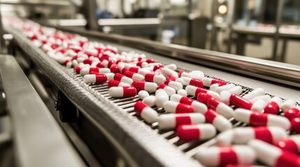 Obraz premium A detailed shot of red and white pills traveling through a stainless-steel conveyor system in a clean pharmaceutical lab.