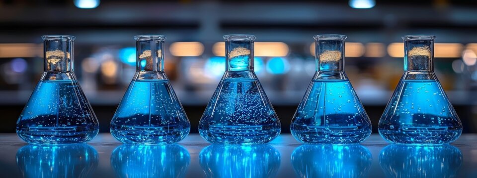 A science laboratory setting featuring a beaker and a flask against a blue banner background depicting a chemical structure
