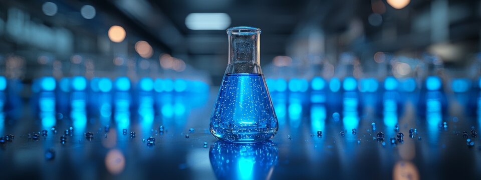 A blue banner with a chemical structure as the backdrop for a science lab scene including a beaker and flask