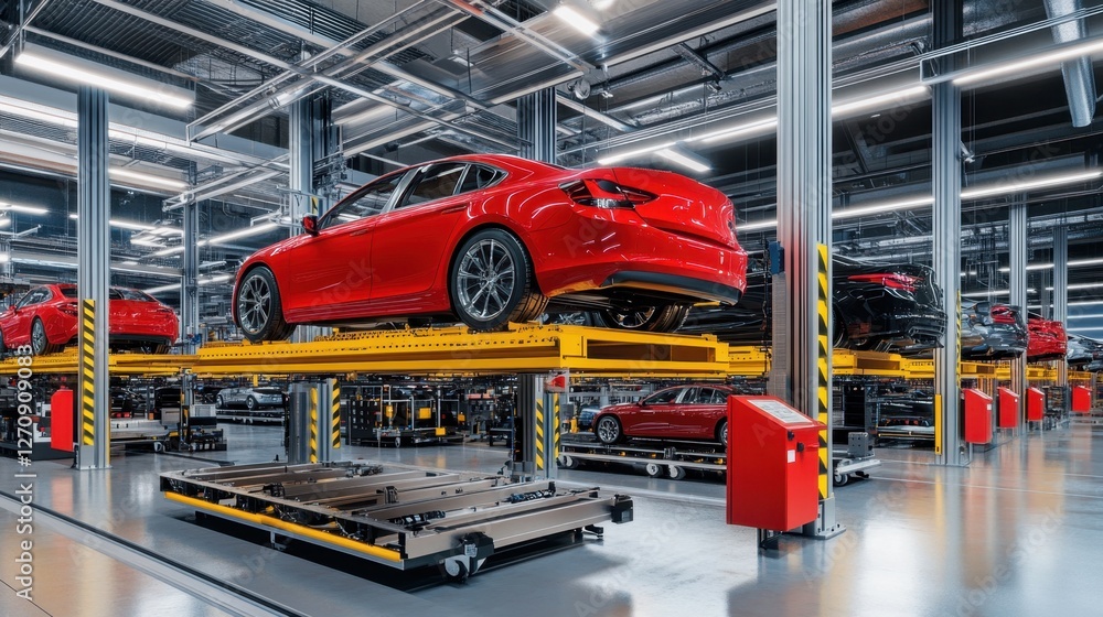 Poster a dynamic auto factory floor featuring synchronized assembly of multiple car models.
