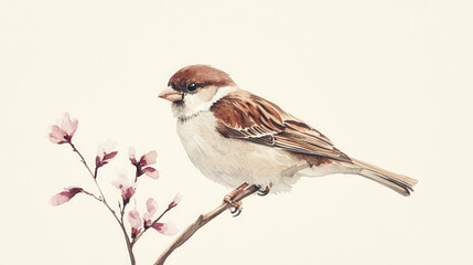 A watercolor illustration of a small brown-and-white bird with a slender beak perched on a thin branch, soft brushwork emphasizing the feather texture, with a calm and curious demeanor