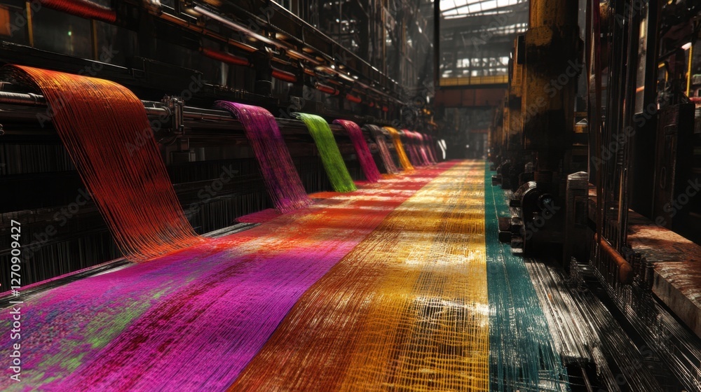 Poster a factory filled with automated weaving machines, seamlessly producing intricate fabric patterns.