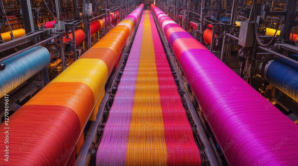 Poster a factory filled with textile weaving machines creating dynamic, multicolored fabric rolls.