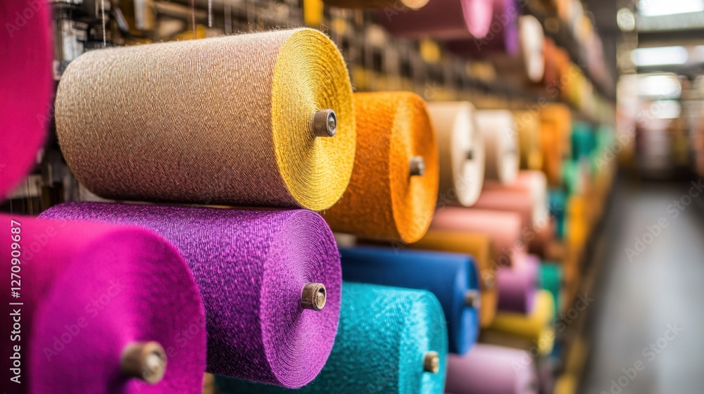 Poster a factory filled with textile weaving machines creating dynamic, multicolored fabric rolls.