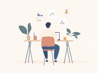 Minimalist digital illustration of a man working in a cozy home office environment