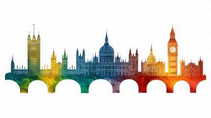 Obraz premium Colorful Silhouette of Iconic London Landmarks Including Big Ben and the Houses of Parliament