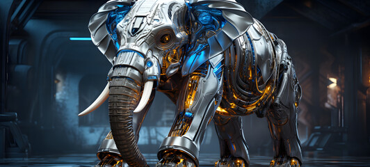 Science elephant humanoid cyborg in futuristic neon, ai generative