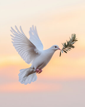 White dove carrying olive branch flying against pastel sunset sky