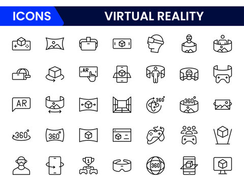 Virtual reality icon set. It contains VR, augmented reality, headset, immersive, mixed reality, AR, 360-degree, and more. Solid vector icons collection.