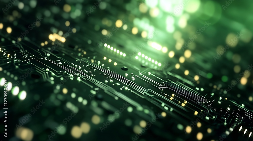Aufkleber Abstract close up of illuminated green circuit board showcasing advanced technology and data processing : Generative AI
