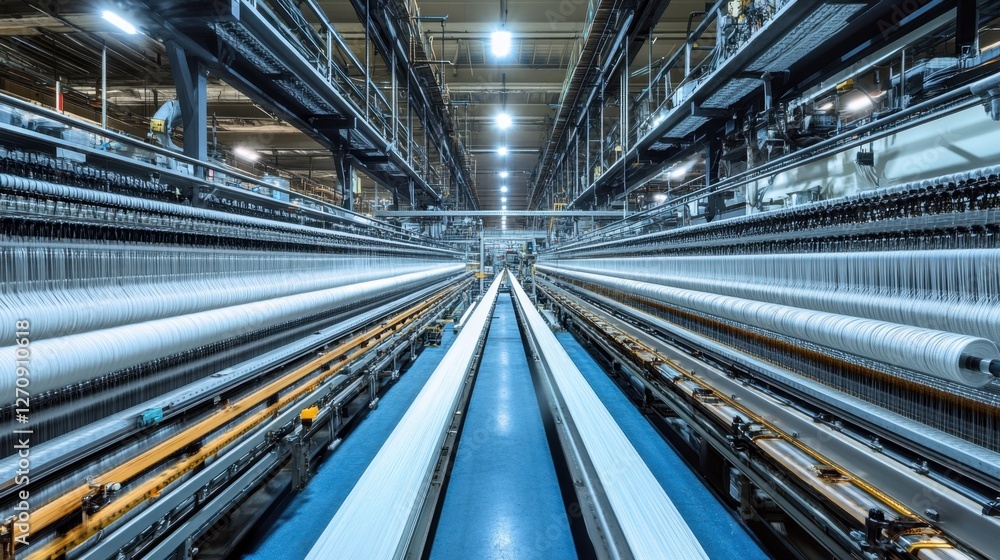 Poster a fully automated textile factory floor with synchronized weaving machines producing seamless fabric