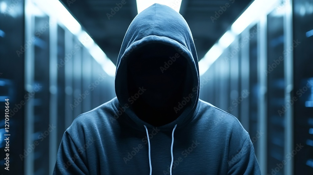 Poster mysterious figure wearing a hoodie in a dark server room with dramatic lighting for cybersecurity an
